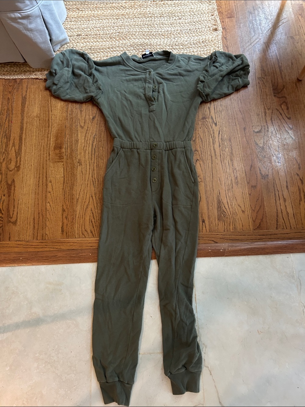 Something Navy Olive Green Puff-Sleeve Jumpsuit